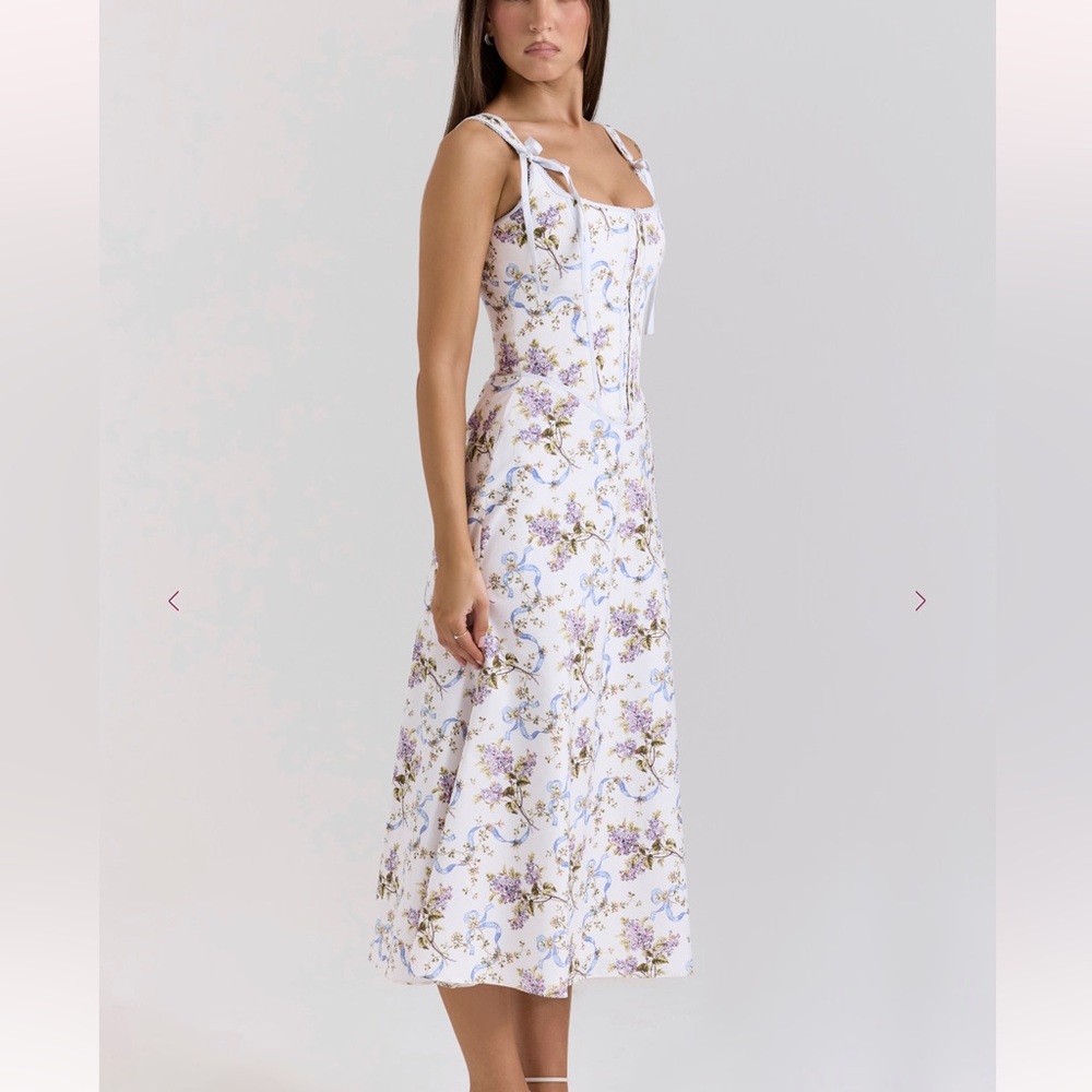 House of CB Dionne Off White Floral Print Cotton MIDI Dress - Picture 4 of 11